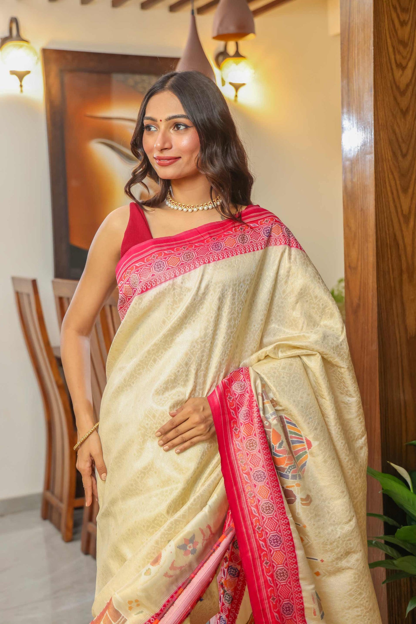 Cream Moonga Silk Saree