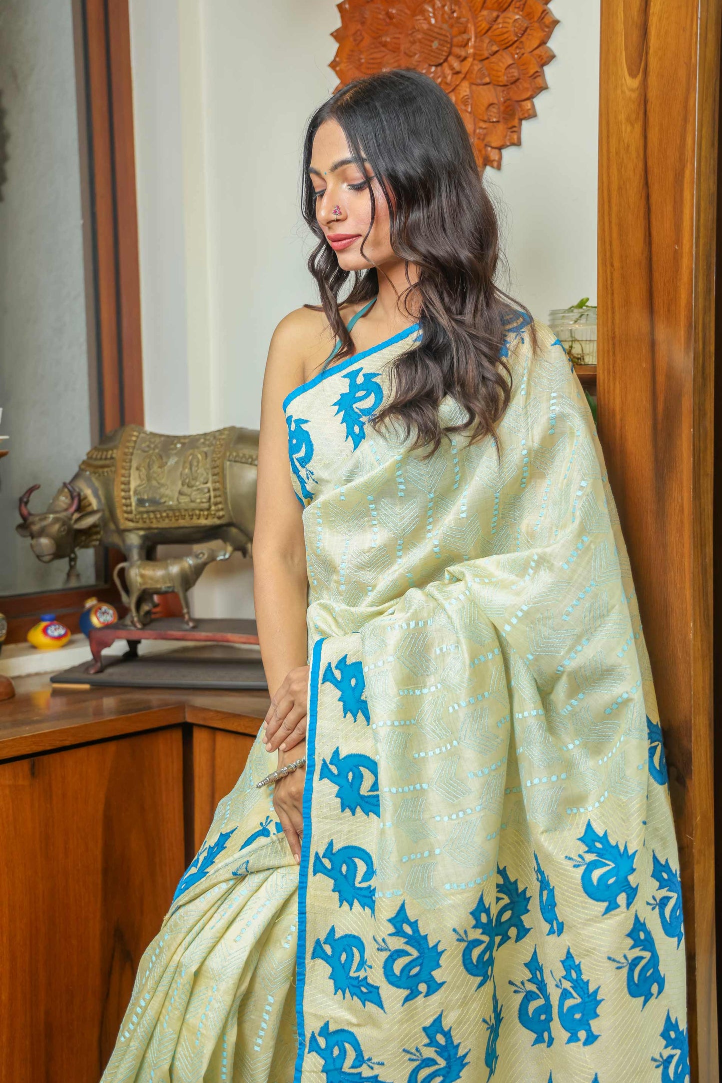 Cream & Blue Tussar Saree
