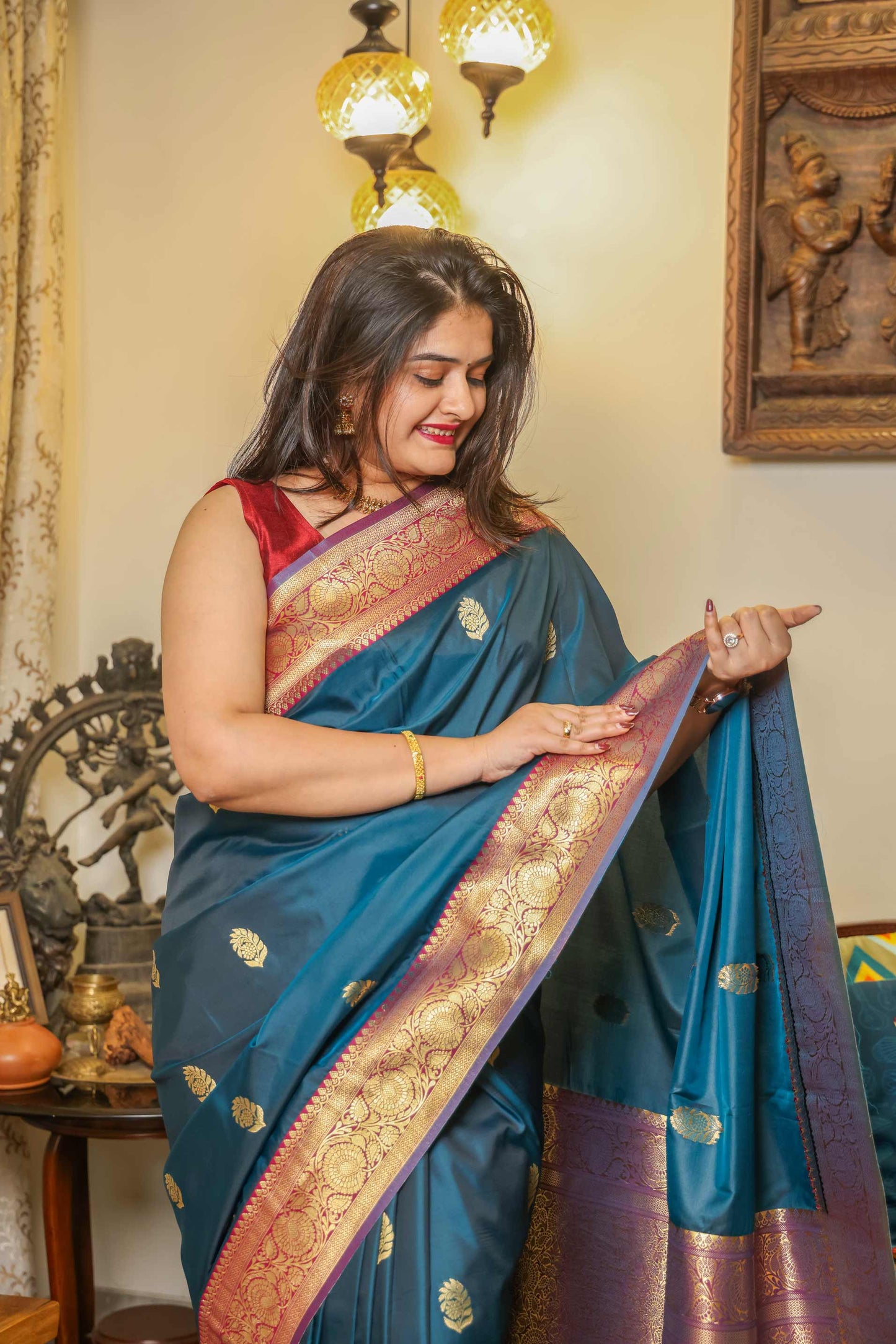 Peacock Blue Mulberry Silk Saree