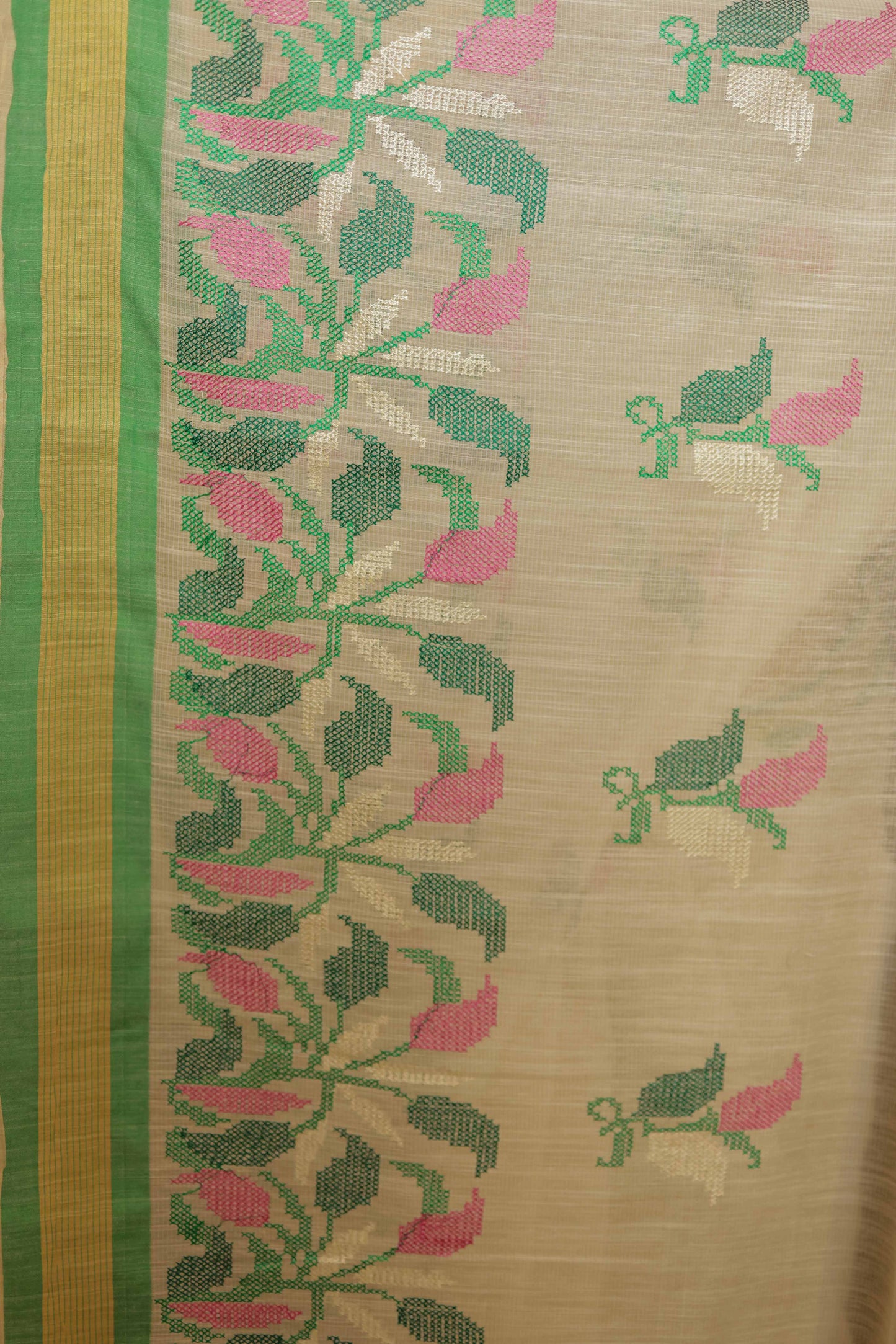 White & Green Hand-Embroidered Cotton Saree
