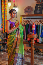 Load image into Gallery viewer, Parrot Green and Blue Peshwai Handcrafted Saree
