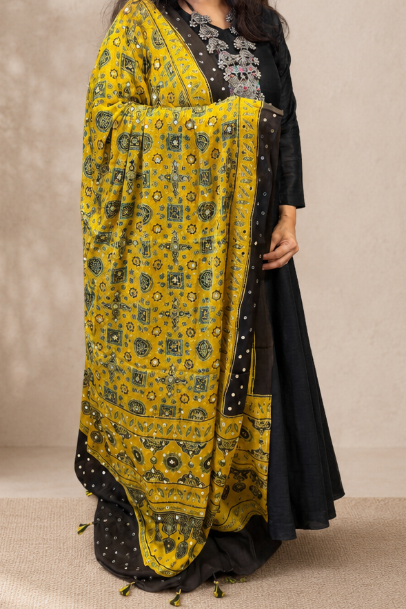 Yellow Ajrak Modal Silk Dupatta