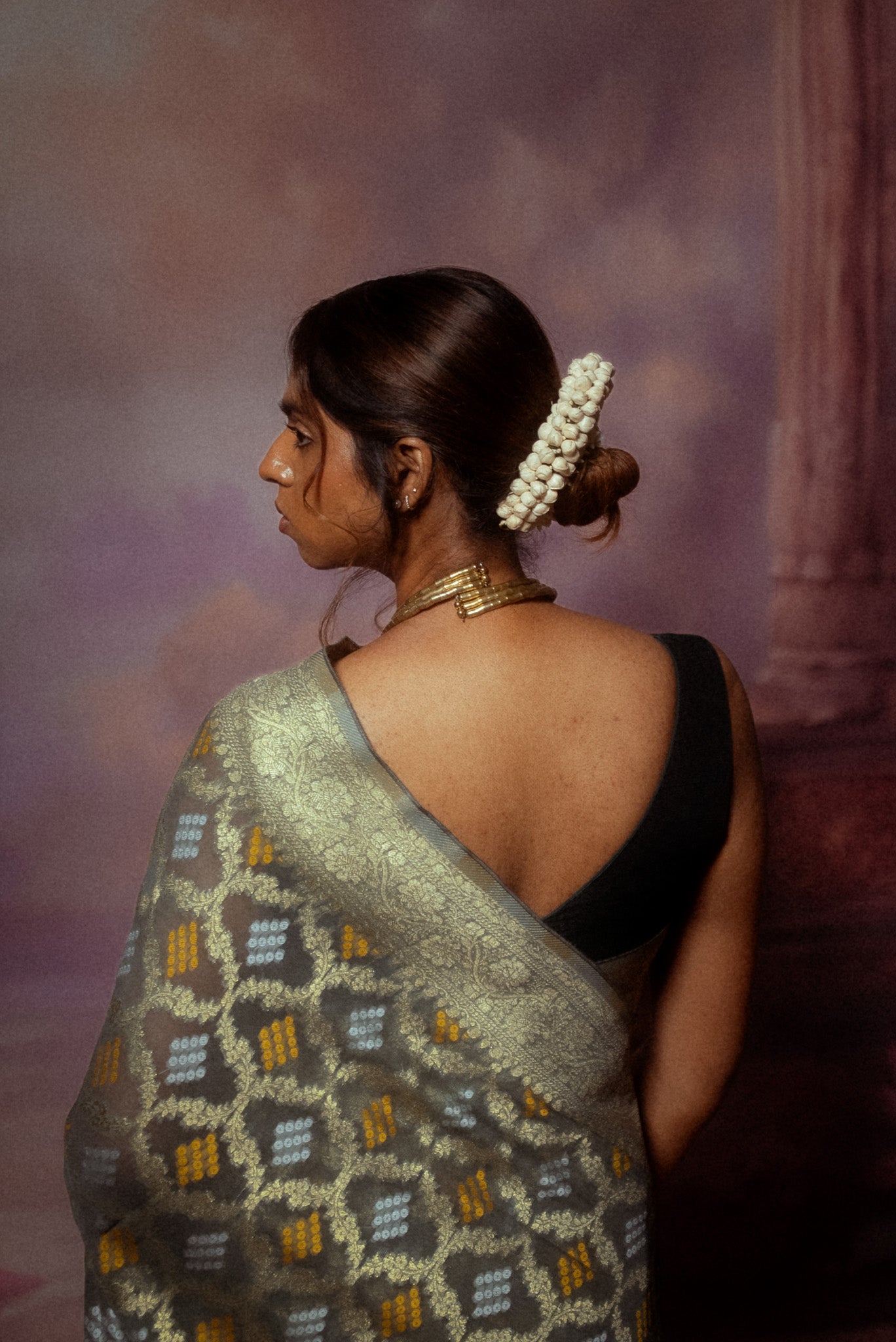 Grey Khaddi Chiffon Bandhini Saree