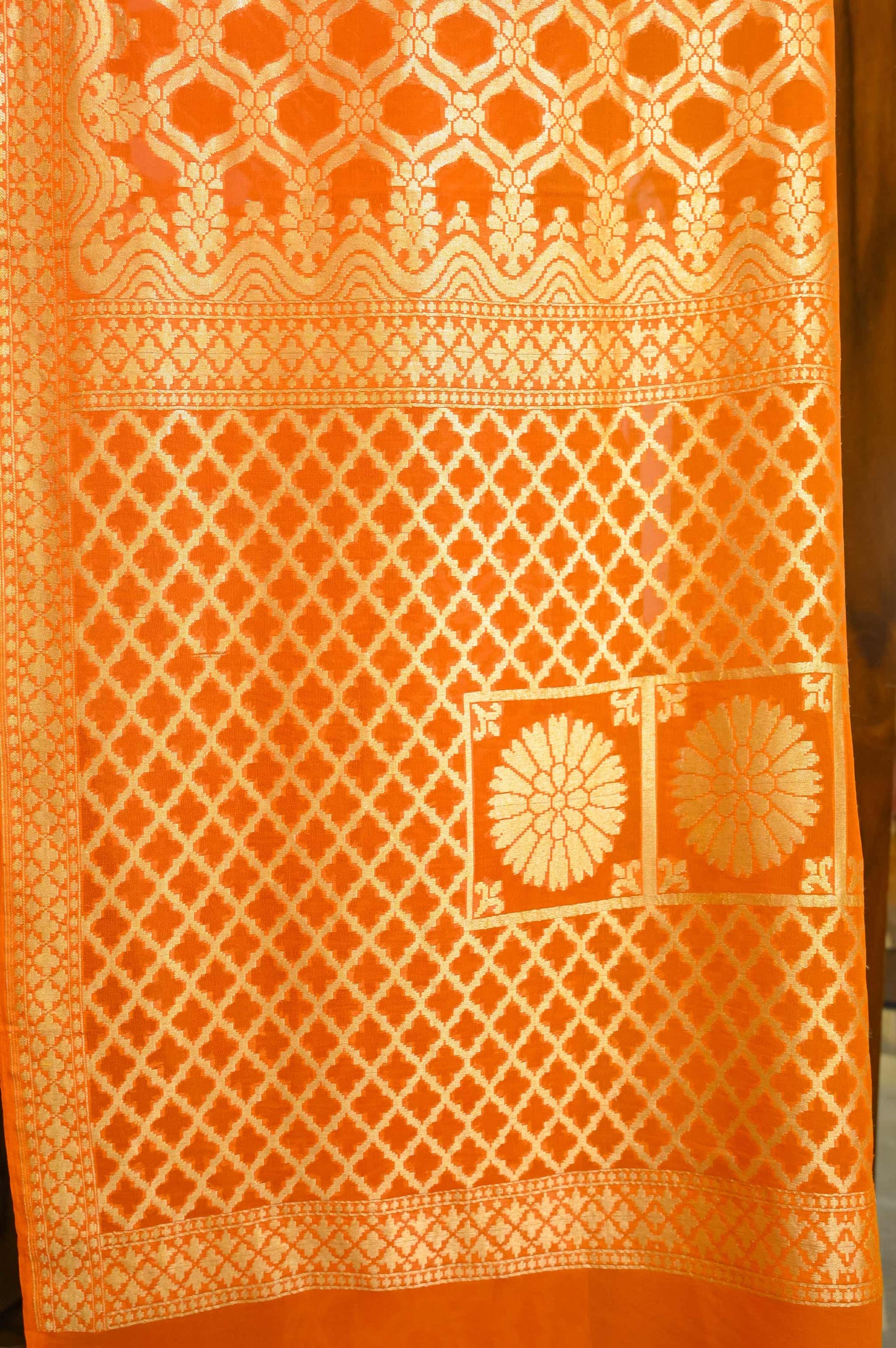 Deep Orange & Yellow Khadi Georgette Banarasi Saree