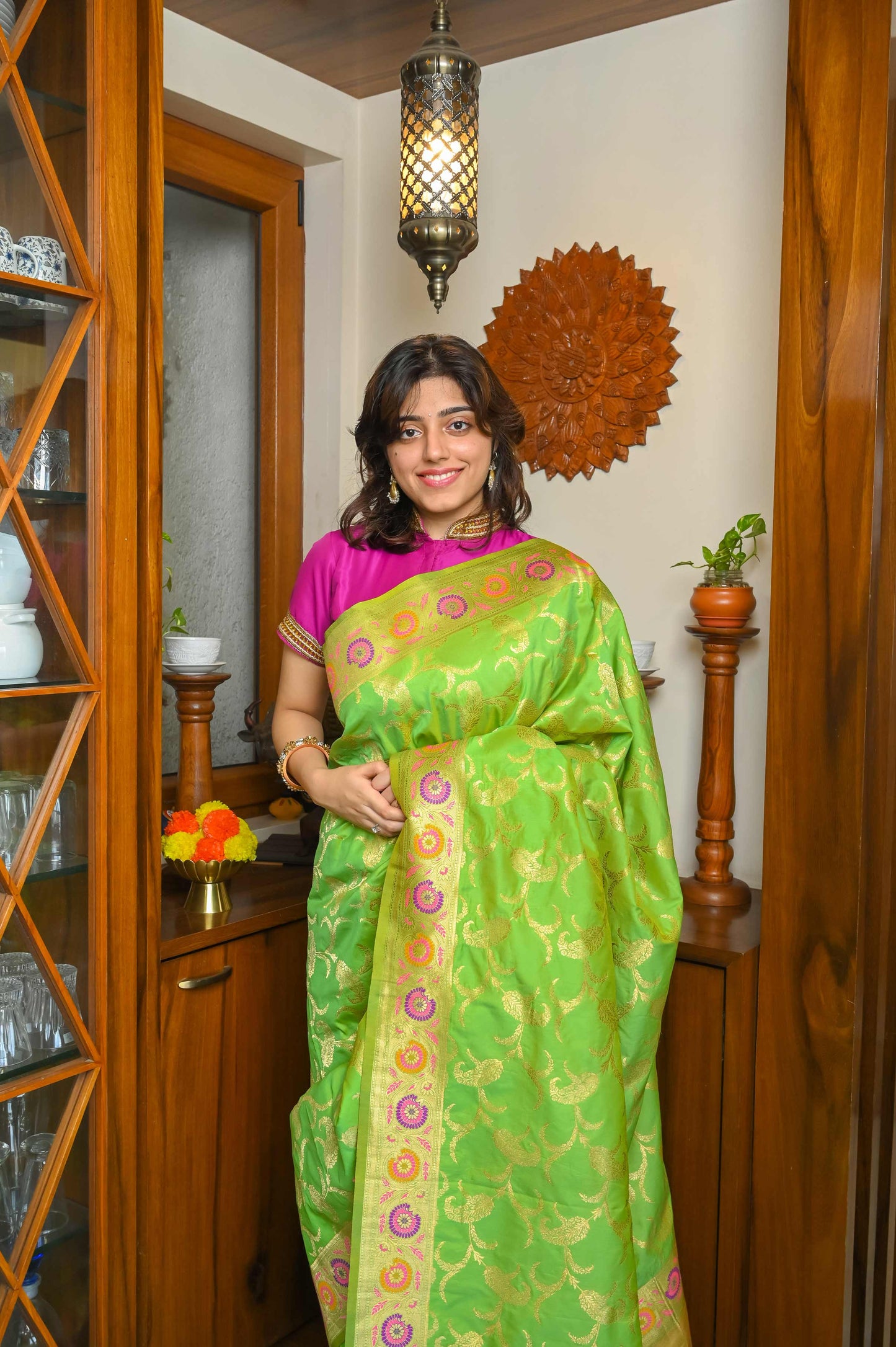 Parrot Green Meenakari Silk Banarasi Saree