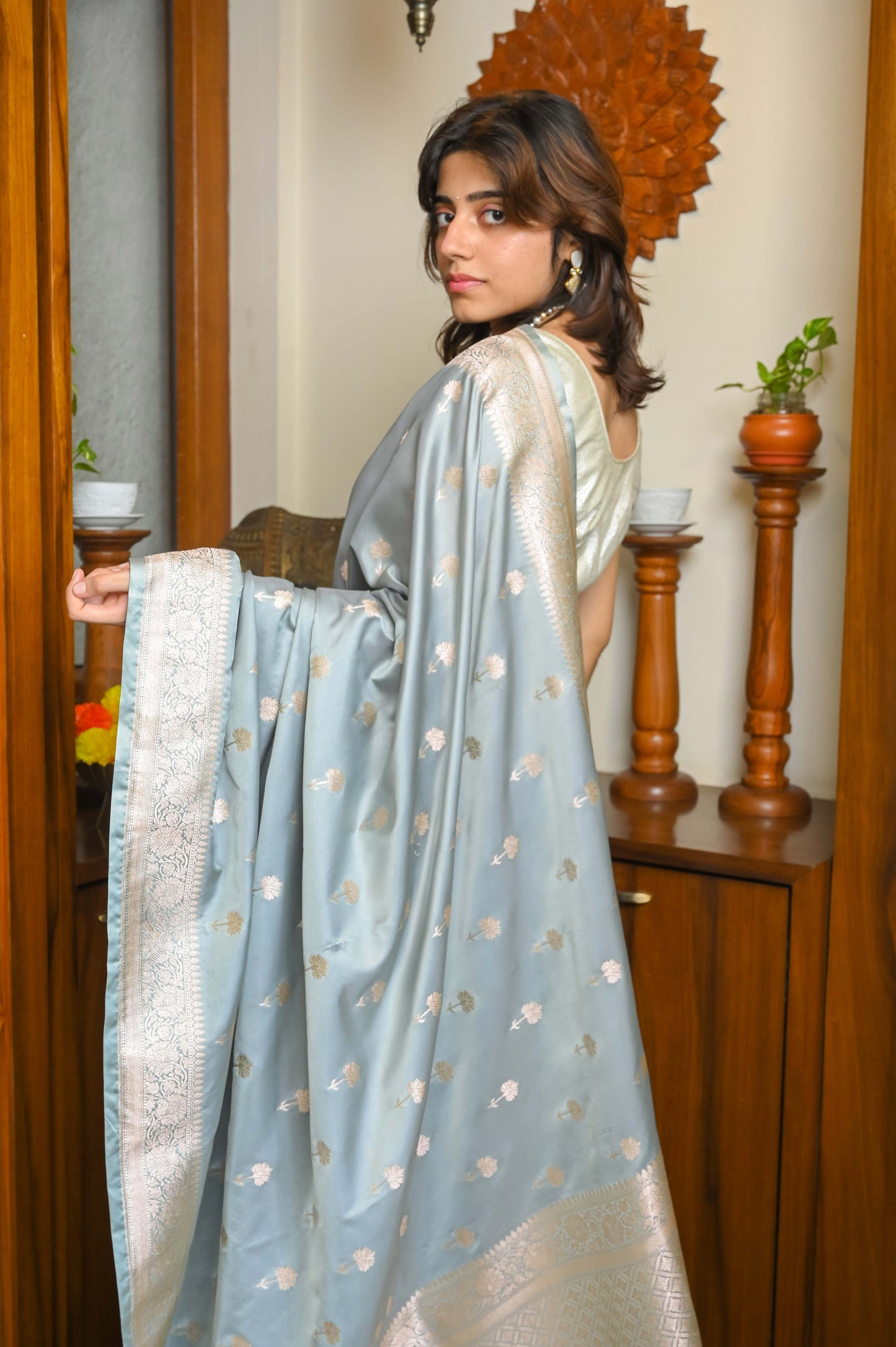 Subtle Pastel Greyish Blue Katan Silk Banarasi Saree