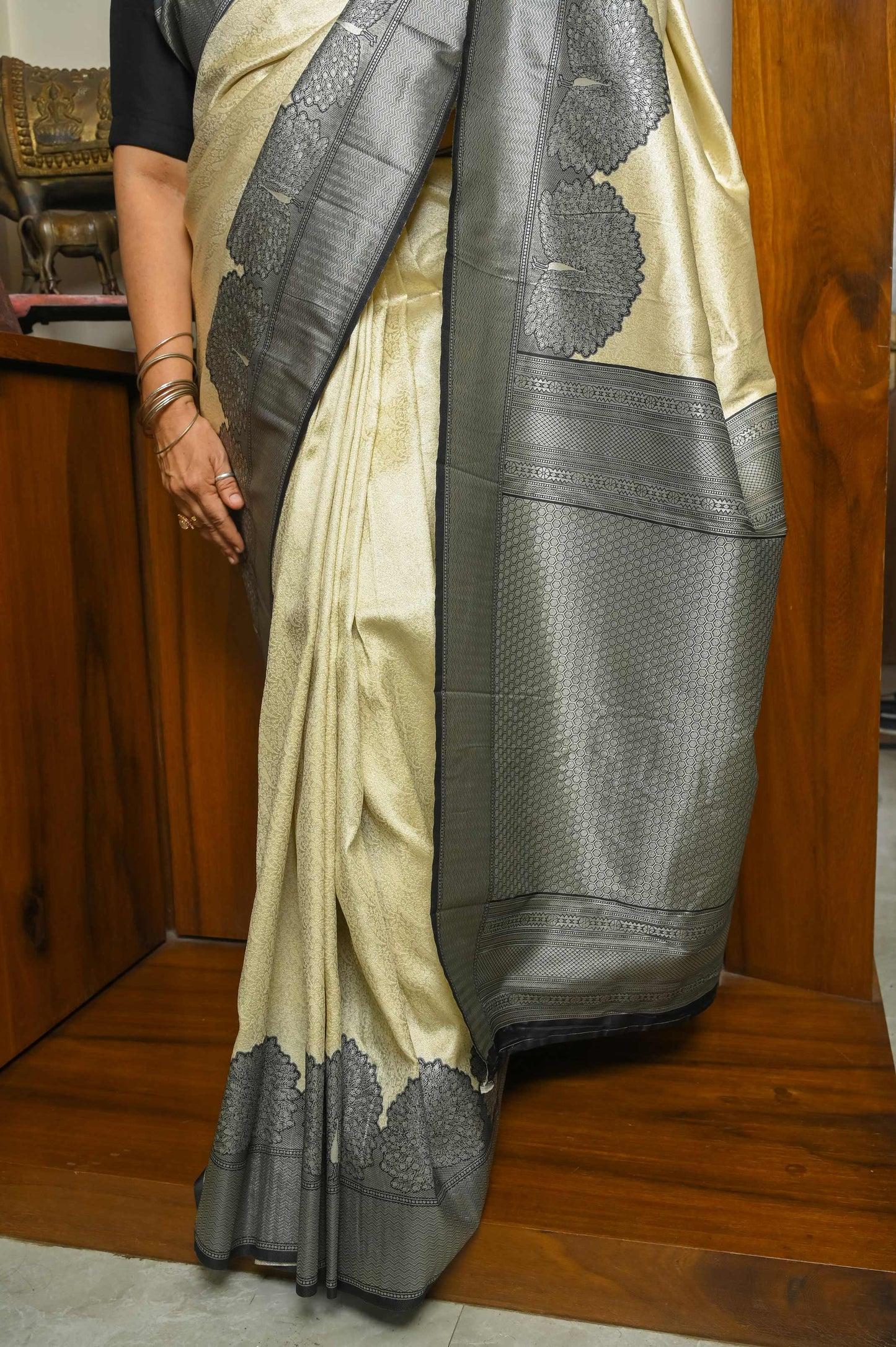 White & Black Silk Banarasi Saree