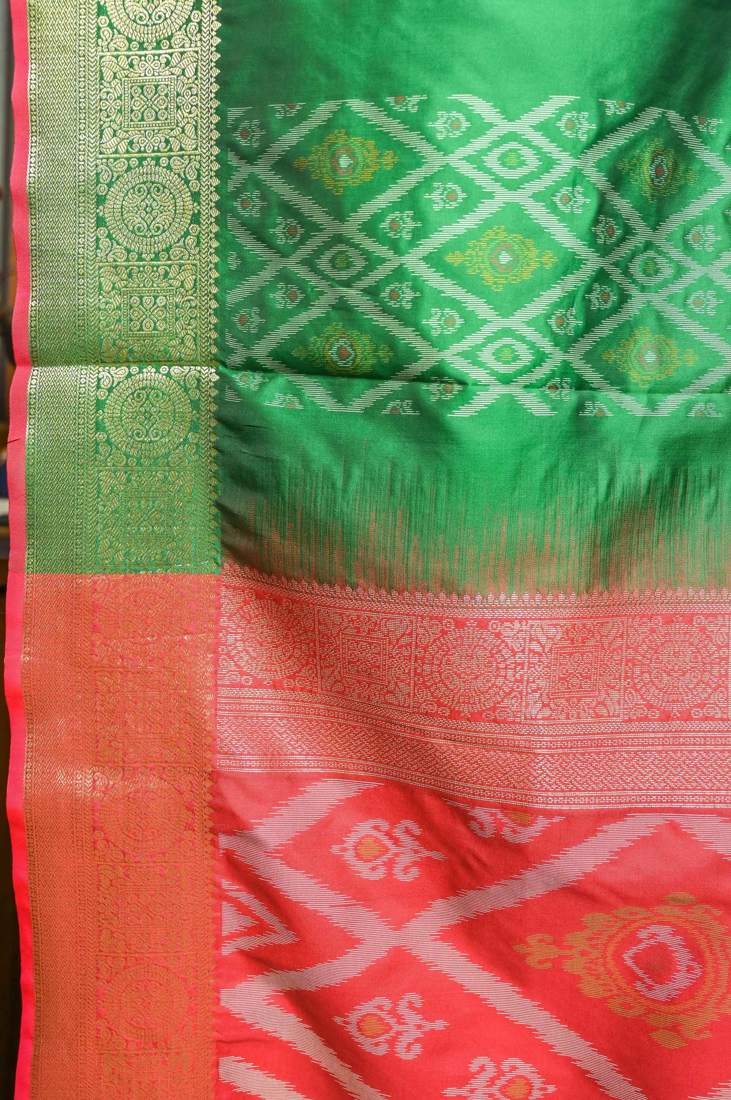 Burnt Red and Green Patola Silk Saree