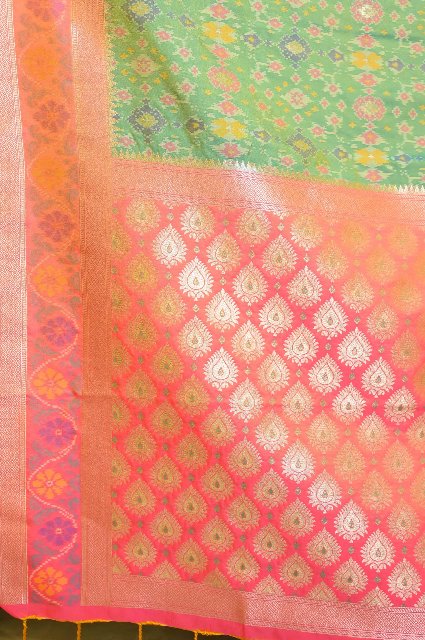 Green and Peachish Pink Patola Saree