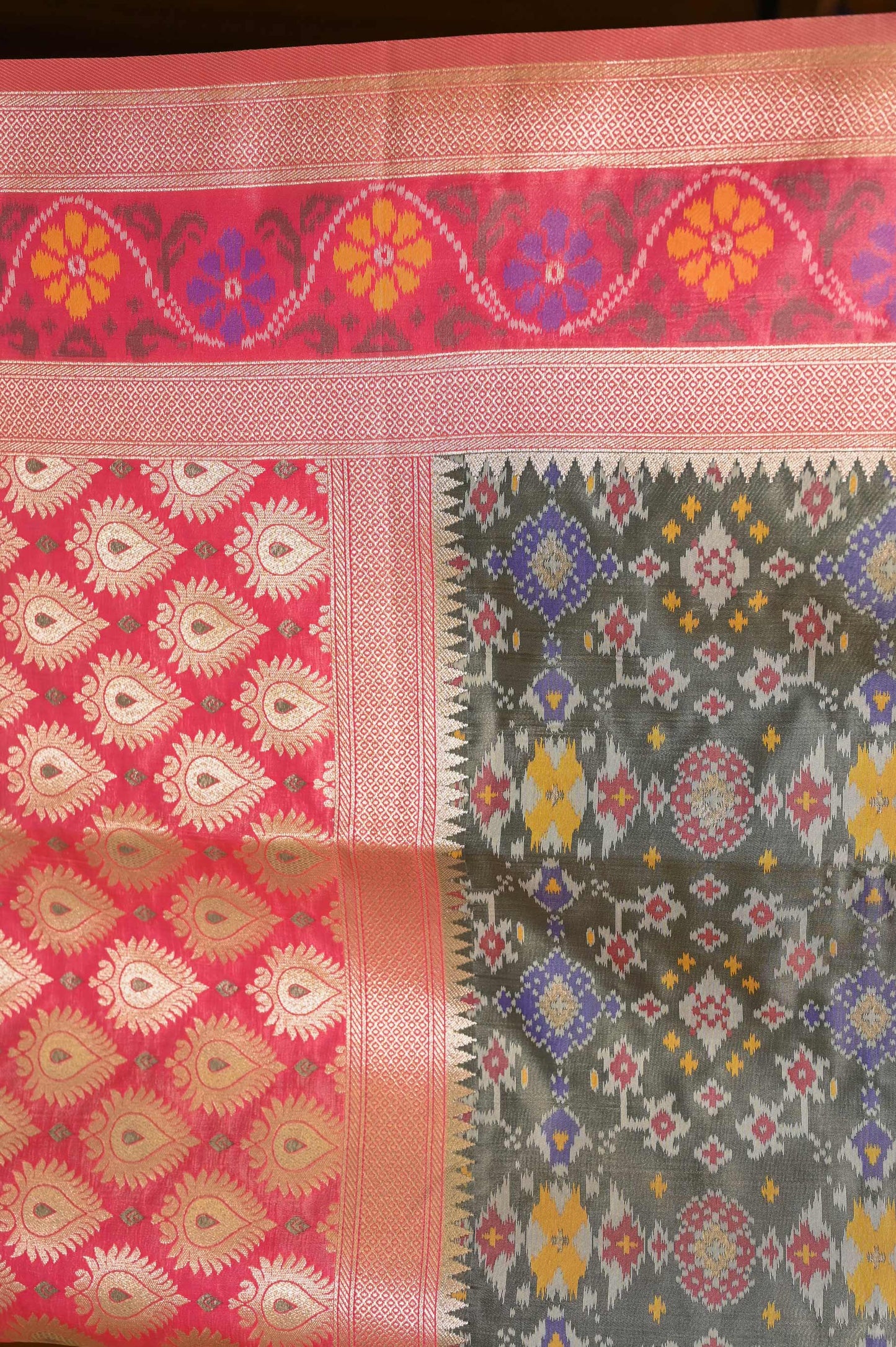 Grey and Pink Patola Handloom Saree