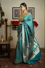 Load image into Gallery viewer, Rama Green Satin Silk Saree
