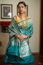 Load image into Gallery viewer, Rama Green Satin Silk Saree
