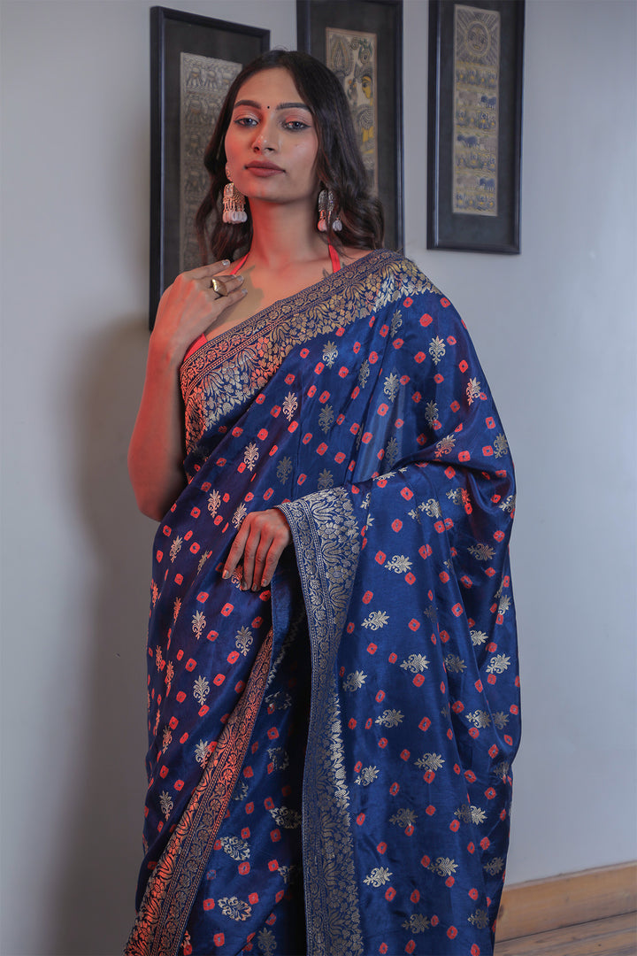 Blue Kutchi Silk Bandhani Saree