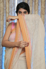 Load image into Gallery viewer, White and Mustard Yellow Linen Saree

