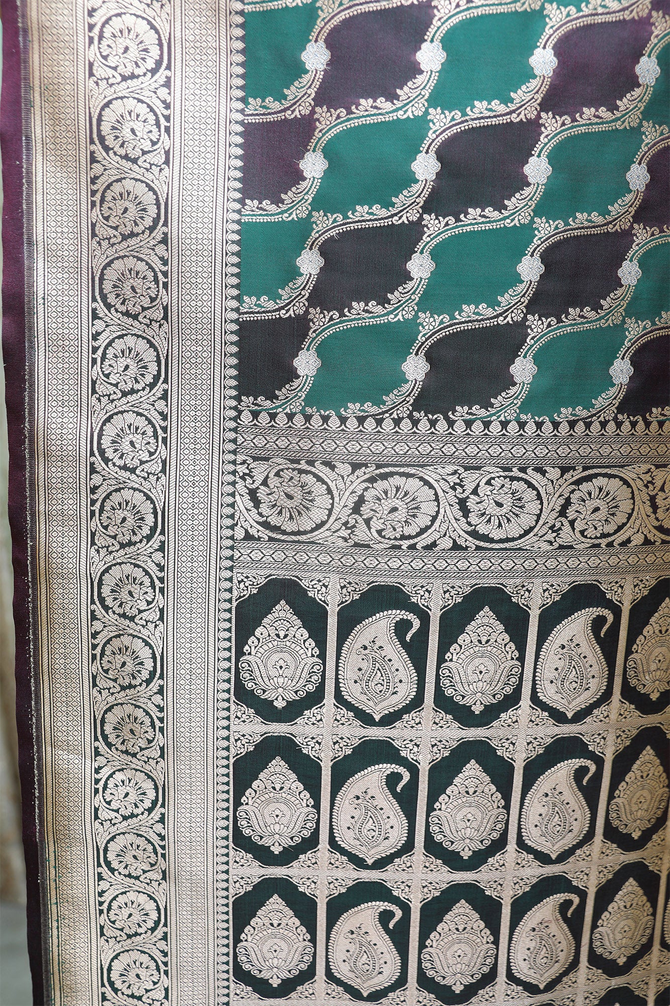 Green and Deep Wine Katan Banarasi Satin Silk Saree