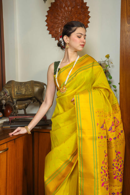 Tussar Silk Kalanjali Paithani Saree Fluoro Yellow