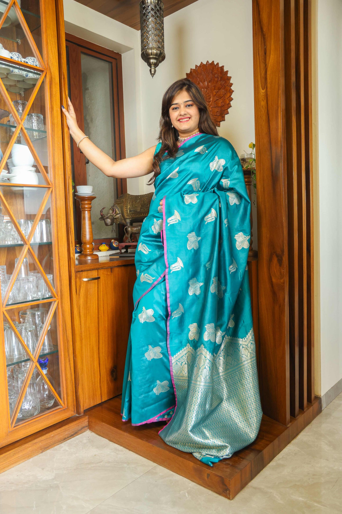 Soft Silk Saree Bluish Green & Silver