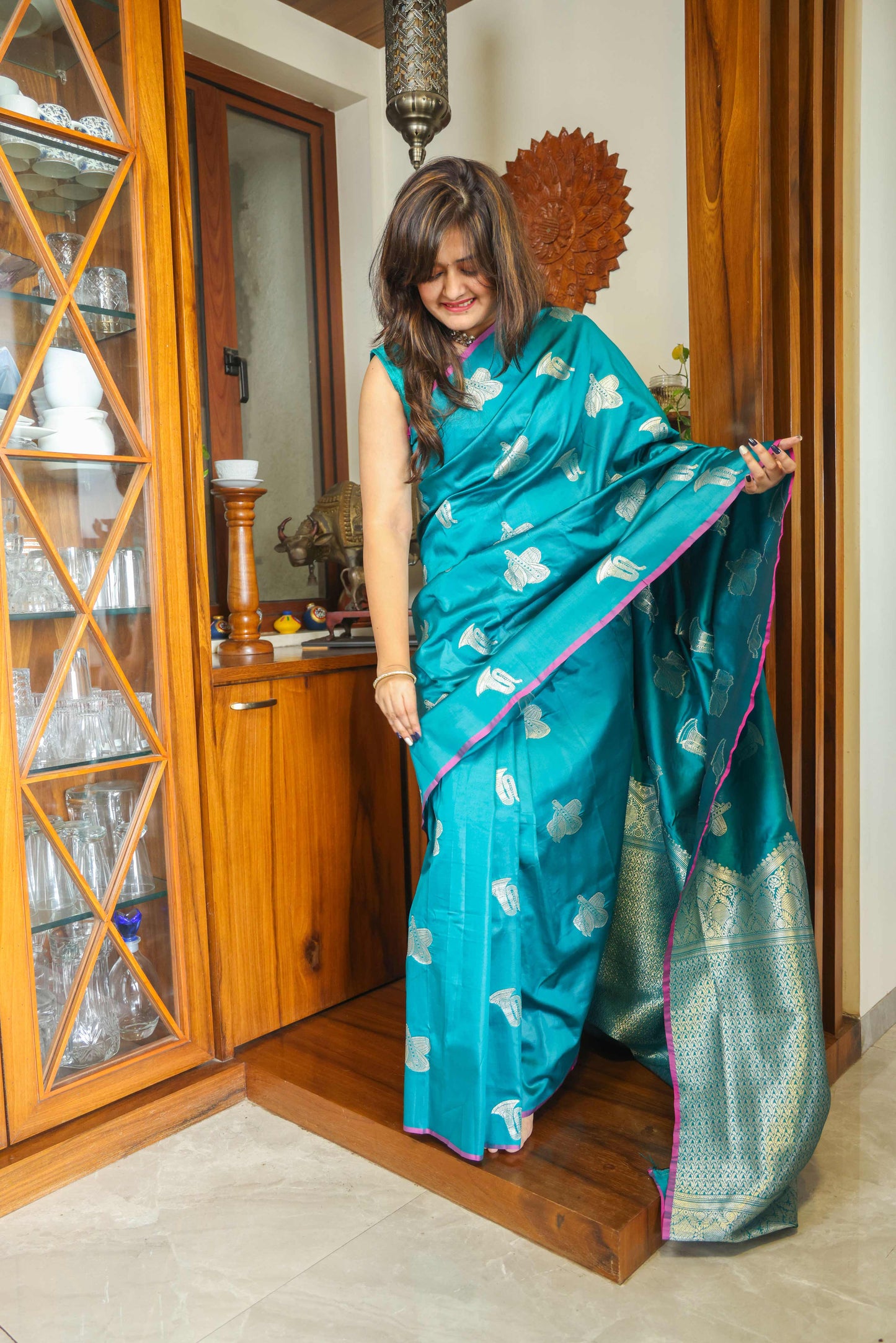 Soft Silk Saree Bluish Green & Silver
