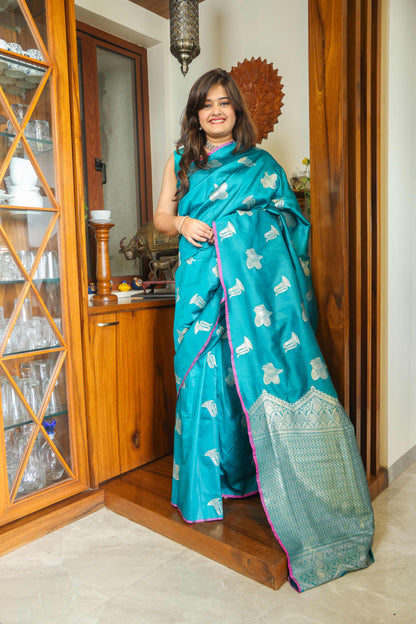 Soft Silk Saree Bluish Green & Silver