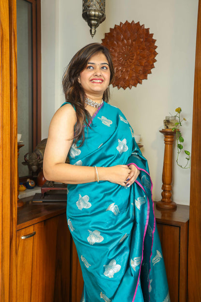 Soft Silk Saree Bluish Green & Silver