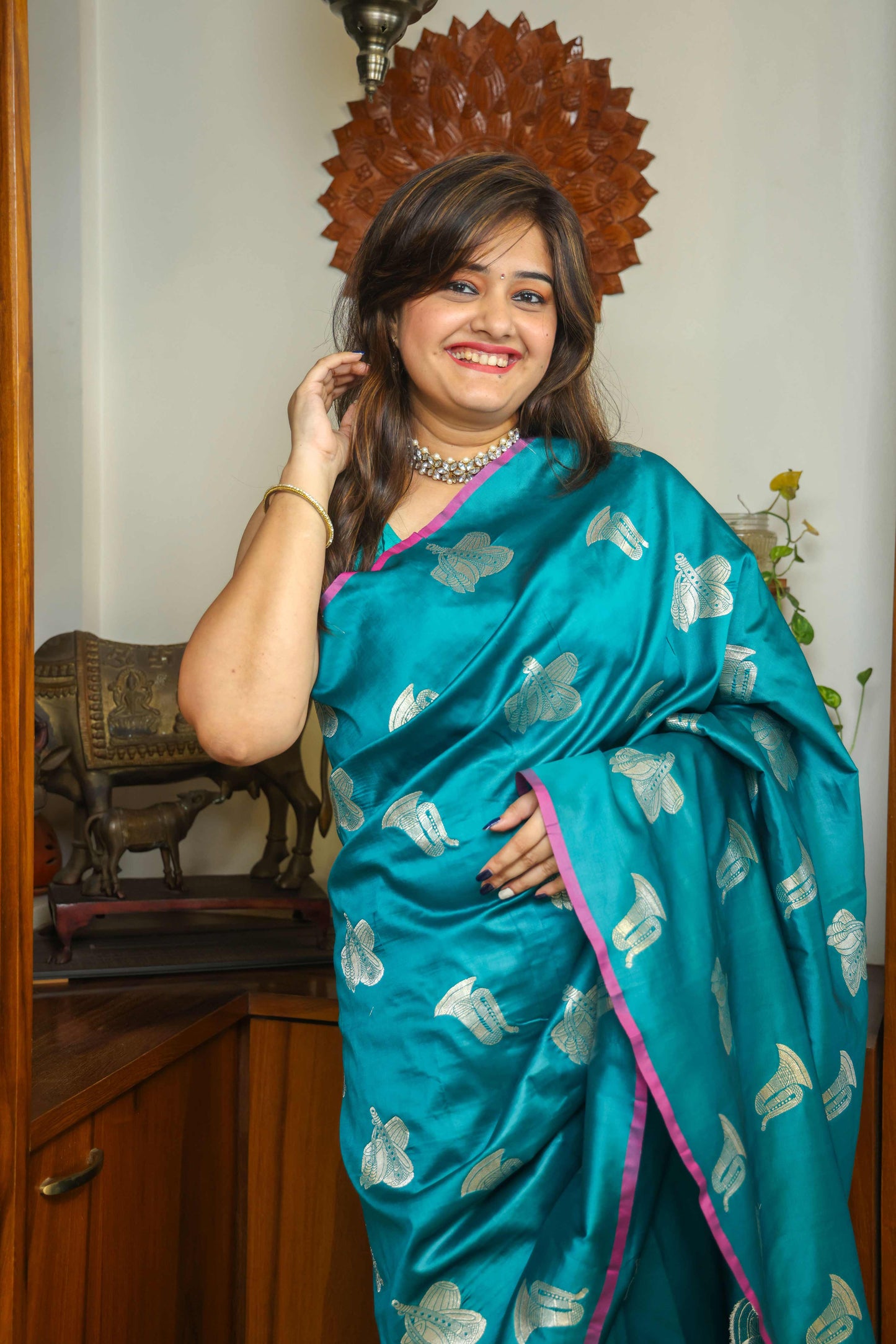 Soft Silk Saree Bluish Green & Silver