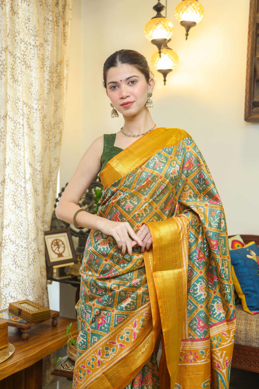 Patan Patola Silk Saree Mustard Yellow & Green