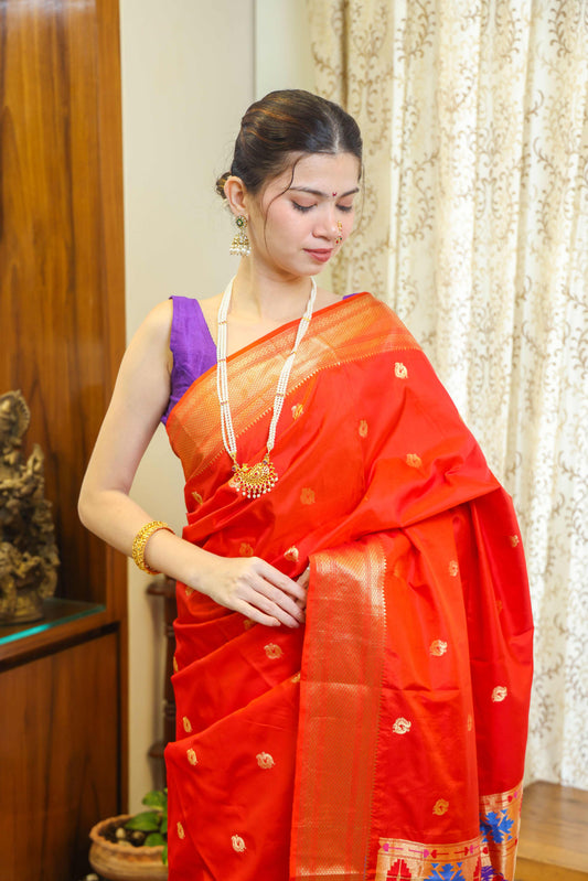 Paithani Mulberry Silk Saree Saffron