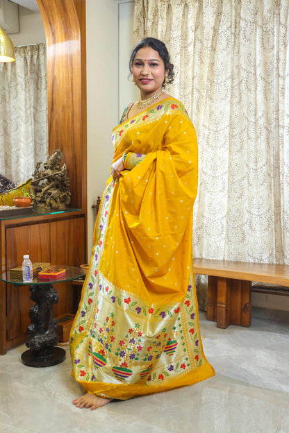 Paithani Mulberry Silk Saree Mustard Yellow