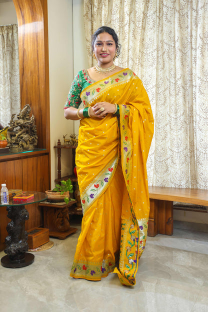 Paithani Mulberry Silk Saree Mustard Yellow