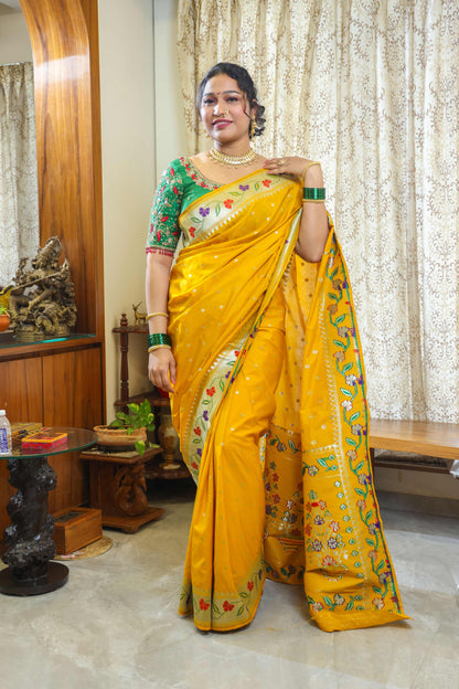 Paithani Mulberry Silk Saree Mustard Yellow