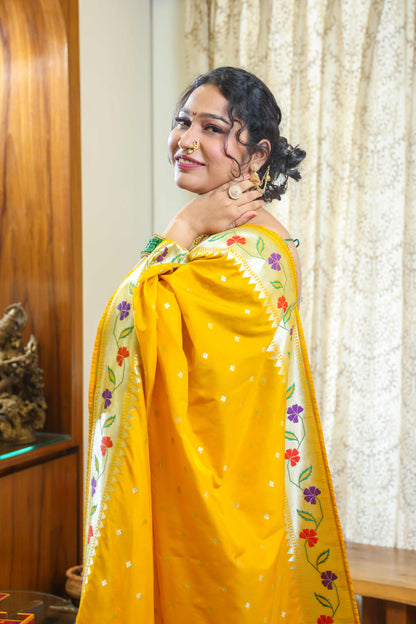 Paithani Mulberry Silk Saree Mustard Yellow