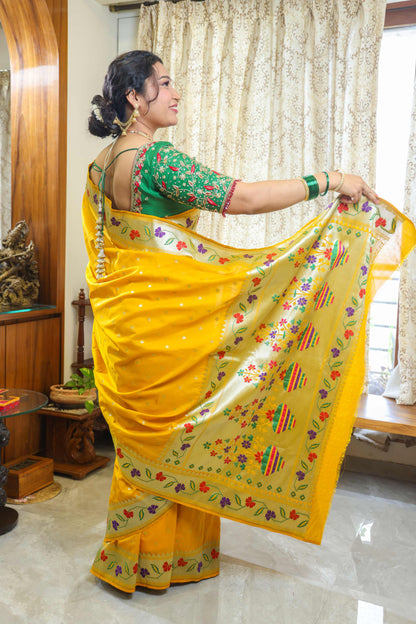 Paithani Mulberry Silk Saree Mustard Yellow