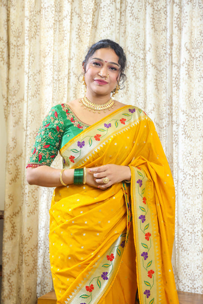 Paithani Mulberry Silk Saree Mustard Yellow