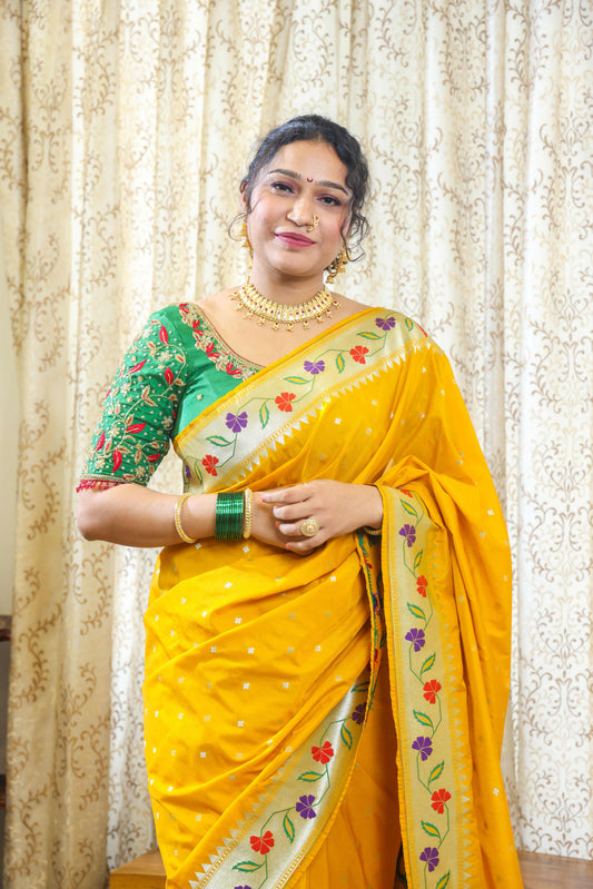 Paithani Mulberry Silk Saree Mustard Yellow