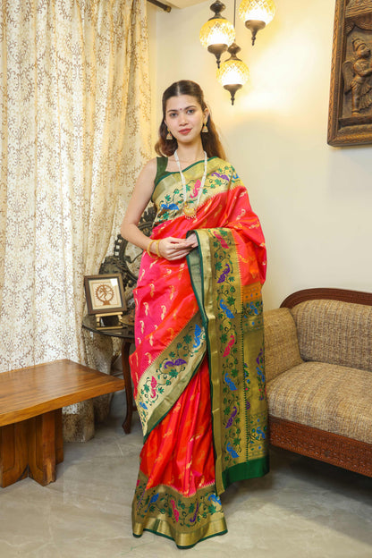 Paithani Tussar Saree Peachish Pink & Green