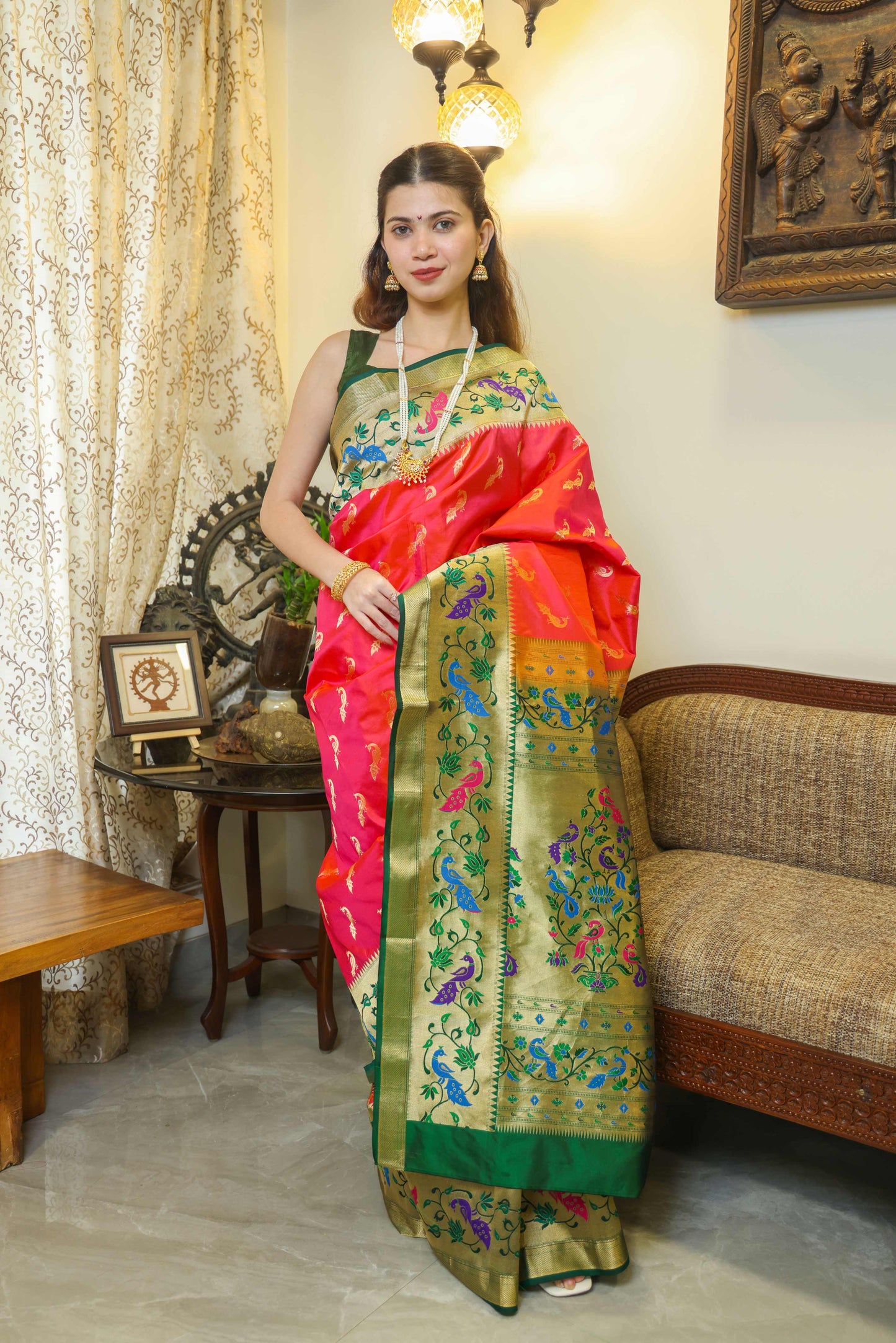 Paithani Tussar Saree Peachish Pink & Green