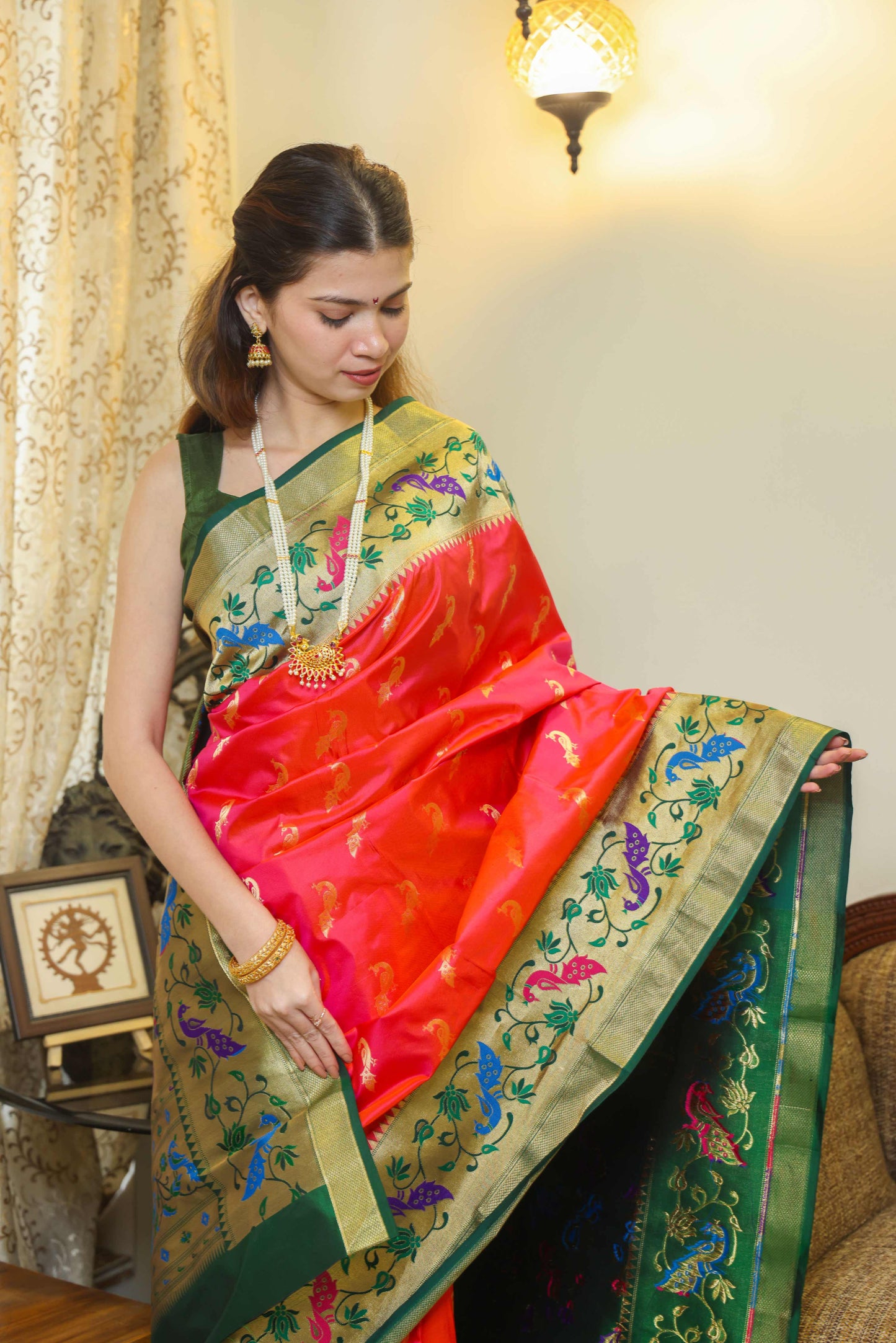 Paithani Tussar Saree Peachish Pink & Green