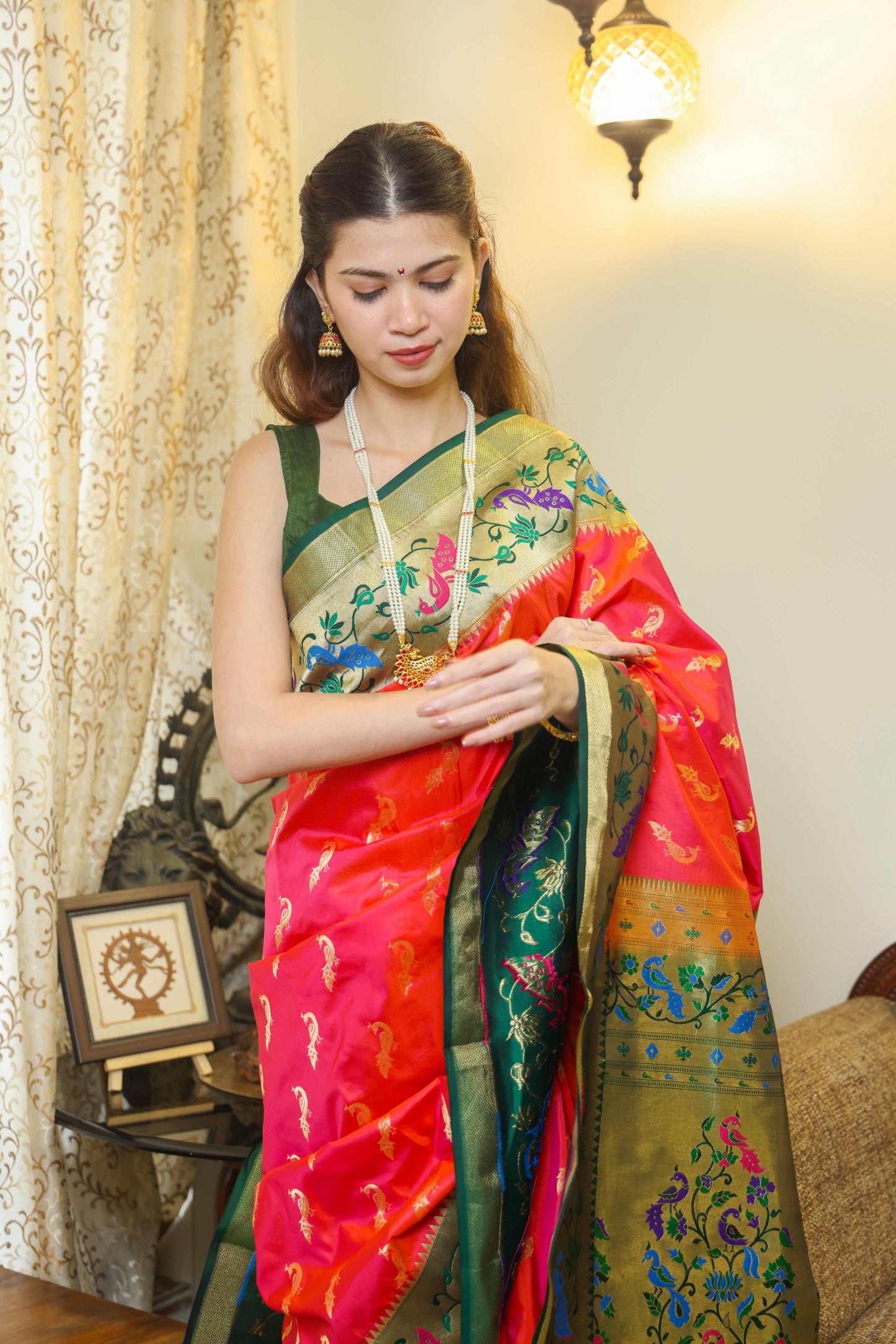 Paithani Tussar Saree Peachish Pink & Green