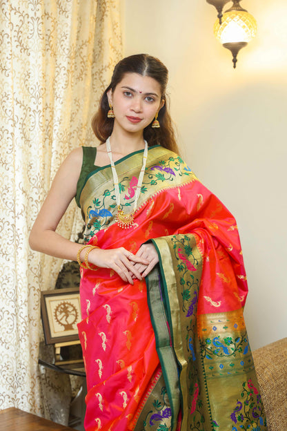 Paithani Tussar Saree Peachish Pink & Green