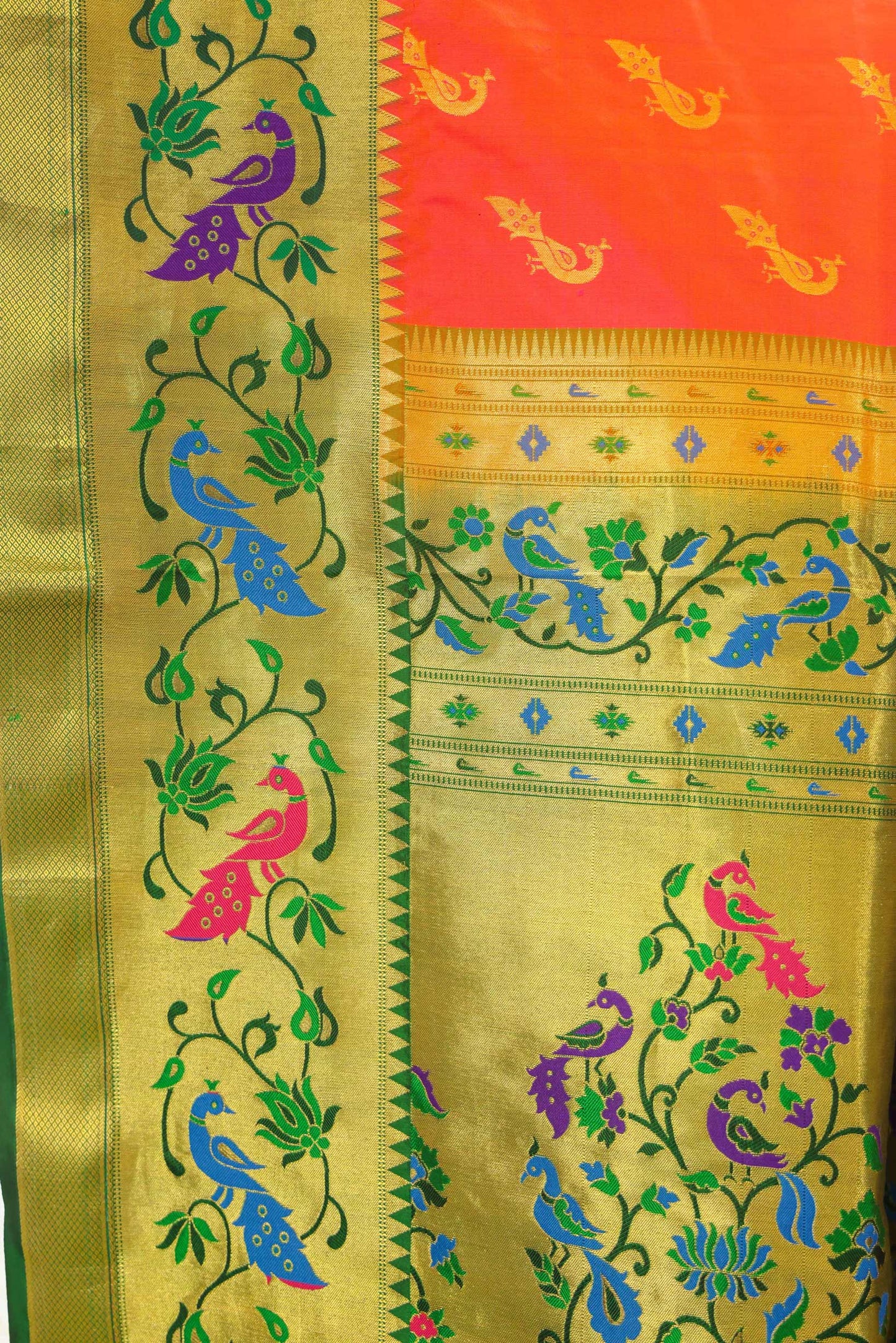 Paithani Tussar Saree Peachish Pink & Green