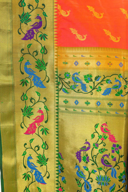 Paithani Tussar Saree Peachish Pink & Green