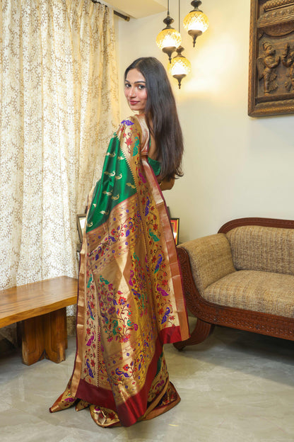 Paithani Muga Silk Saree Bottle Green & Burnt Maroon