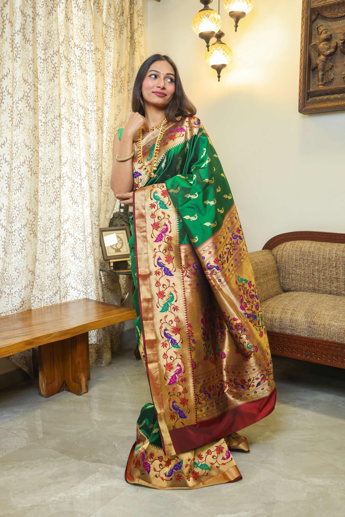 Paithani Muga Silk Saree Bottle Green & Burnt Maroon