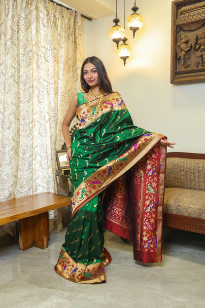 Paithani Muga Silk Saree Bottle Green & Burnt Maroon