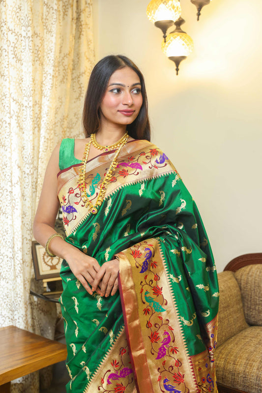 Paithani Muga Silk Saree Bottle Green & Burnt Maroon