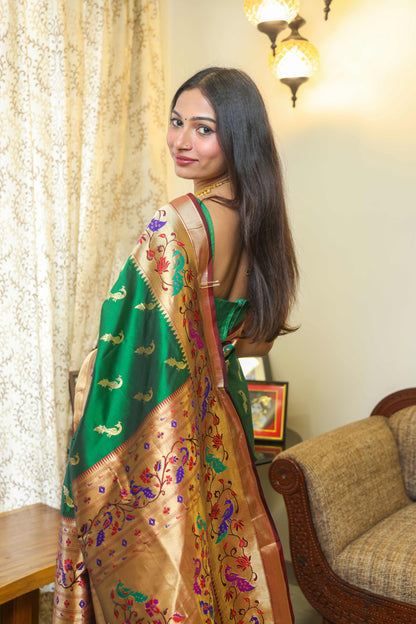 Paithani Muga Silk Saree Bottle Green & Burnt Maroon