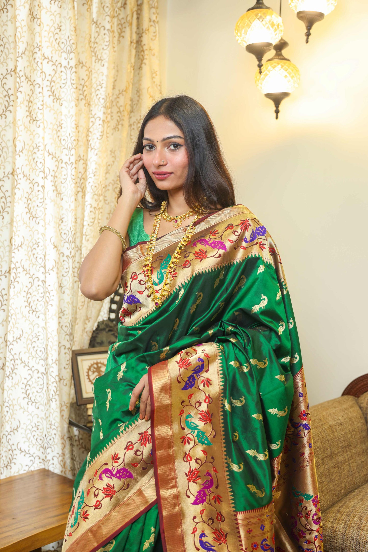 Paithani Muga Silk Saree Bottle Green & Burnt Maroon