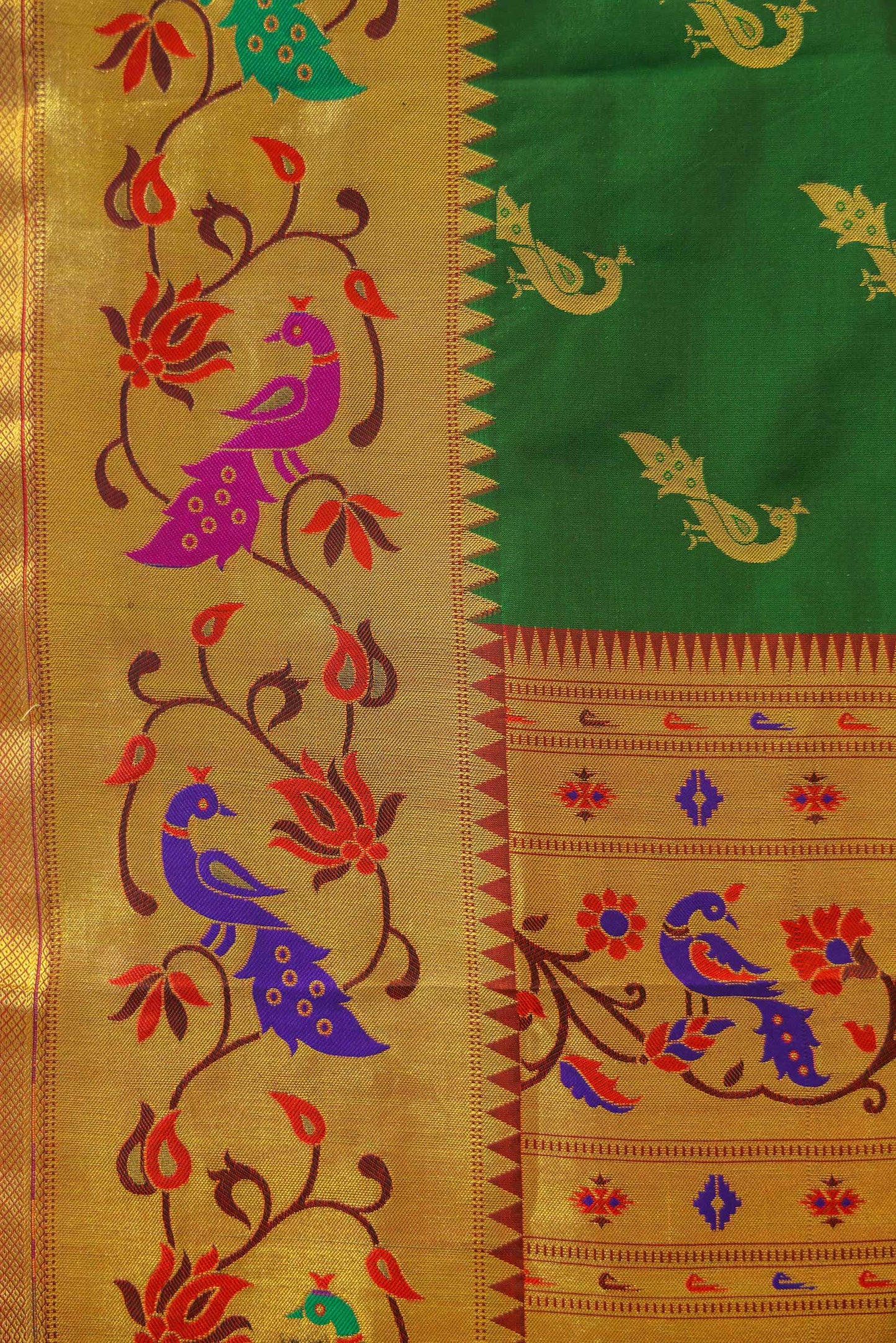 Paithani Muga Silk Saree Bottle Green & Burnt Maroon