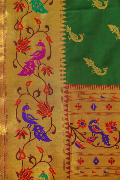 Paithani Muga Silk Saree Bottle Green & Burnt Maroon