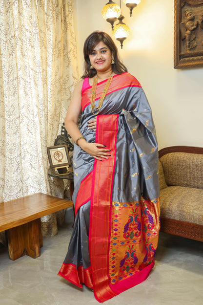 Paithani Mulberry Silk Saree Grey & Pink